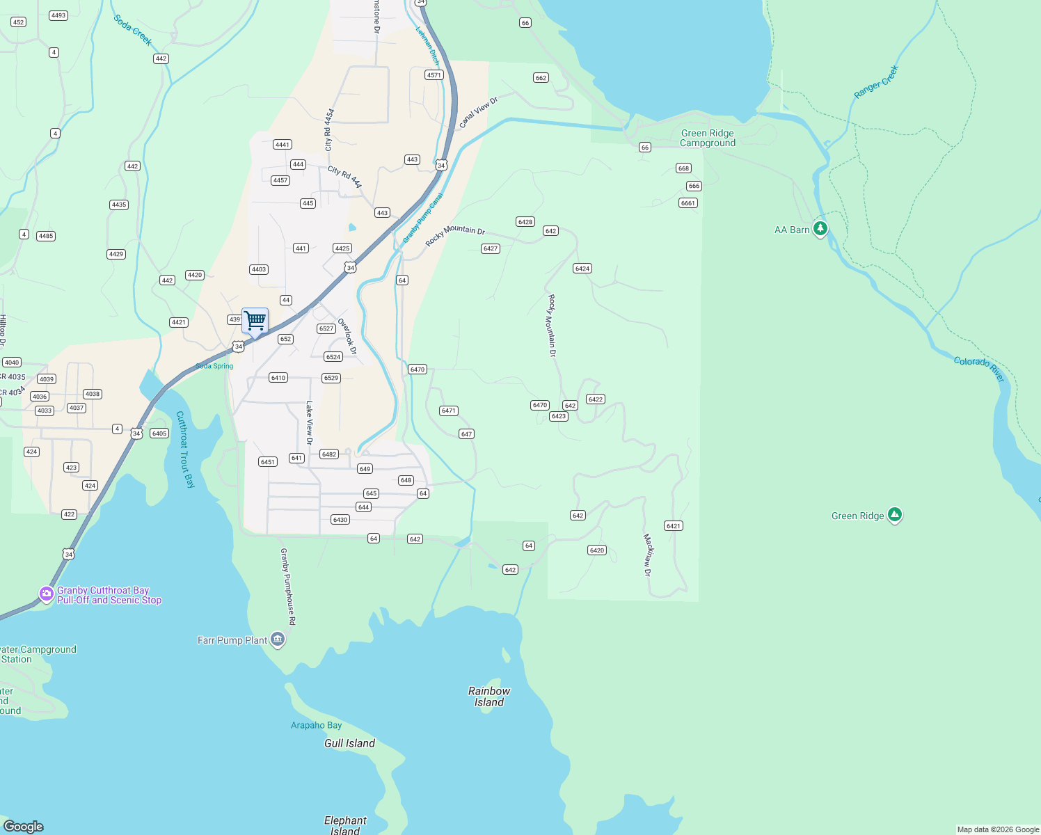 map of restaurants, bars, coffee shops, grocery stores, and more near 247 County Road 647 in Grand Lake
