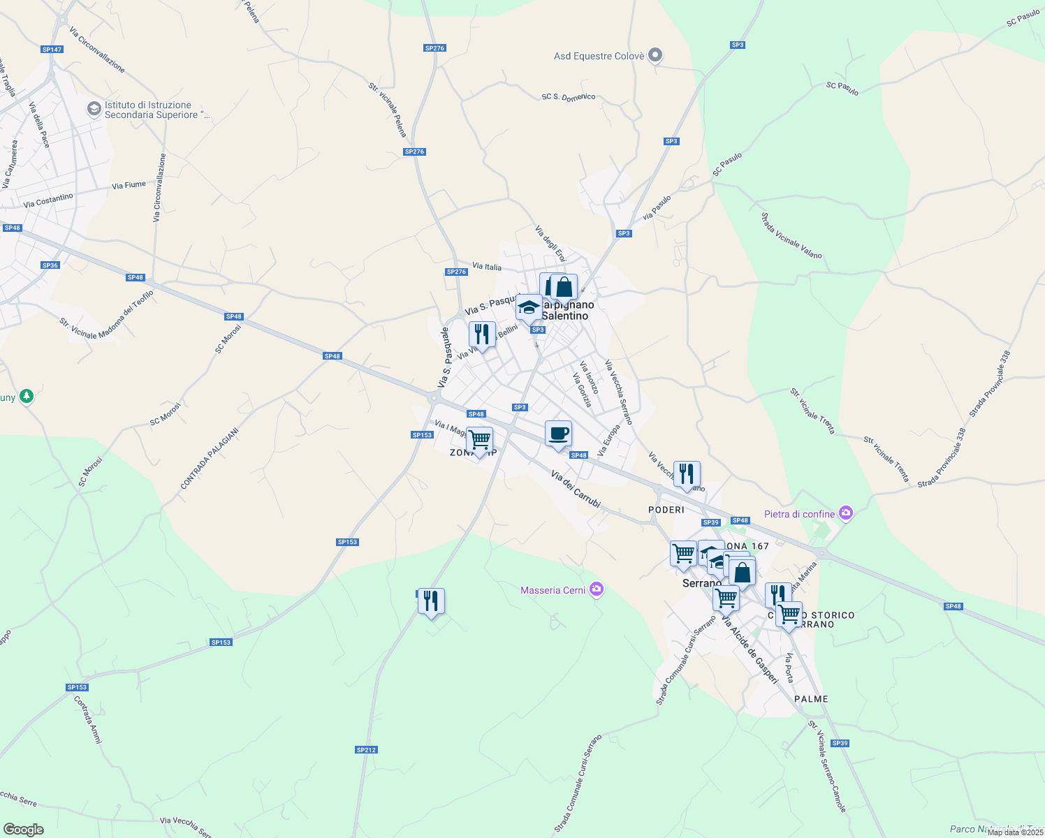 map of restaurants, bars, coffee shops, grocery stores, and more near Via Ugo Foscolo in Provincia di Lecce