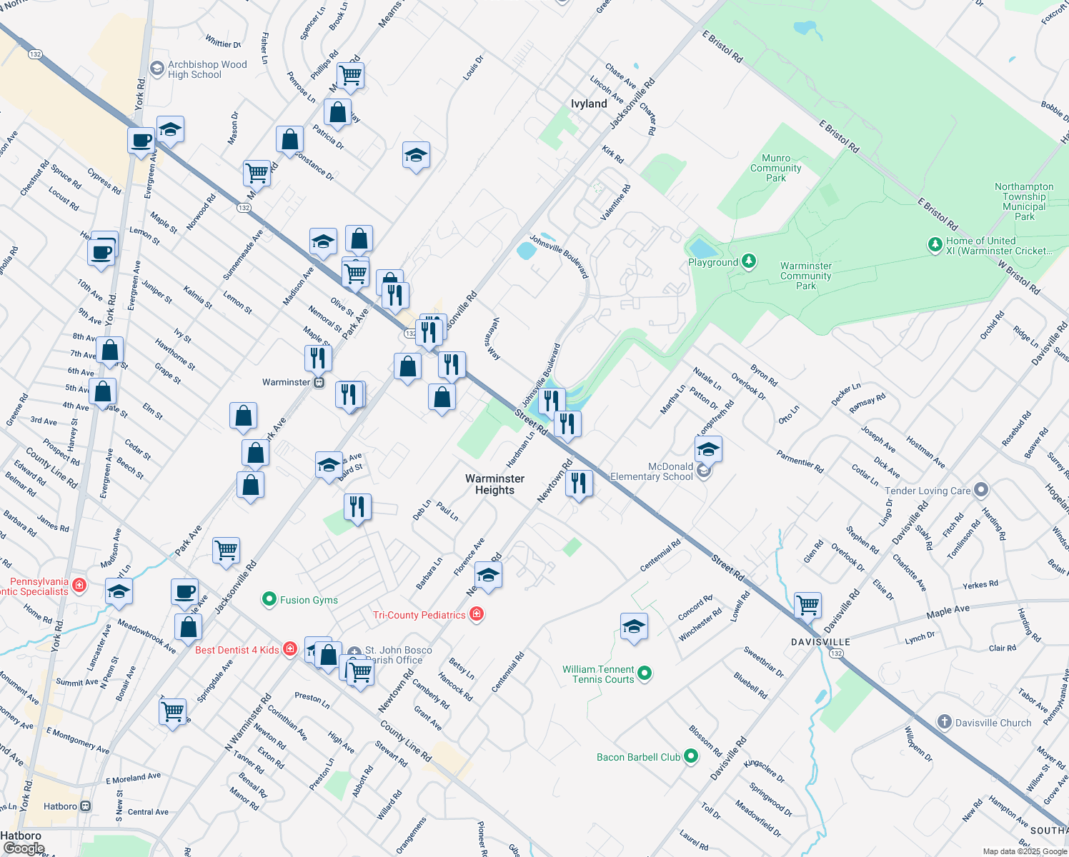 map of restaurants, bars, coffee shops, grocery stores, and more near 496 Hardman Lane in Warminster