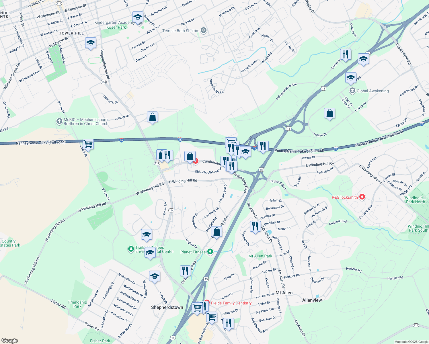 map of restaurants, bars, coffee shops, grocery stores, and more near 174 Old Schoolhouse Lane in Mechanicsburg