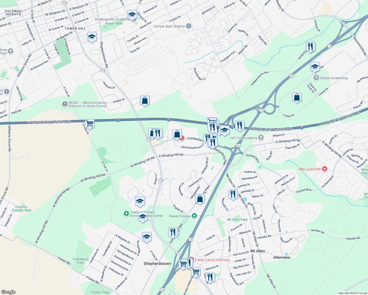 map of restaurants, bars, coffee shops, grocery stores, and more near 138 Old Schoolhouse Lane in Mechanicsburg