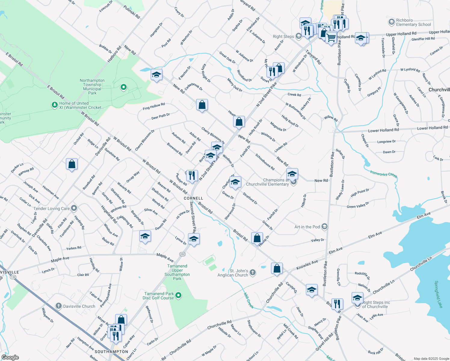 map of restaurants, bars, coffee shops, grocery stores, and more near 72 Charlotte Drive in Southampton