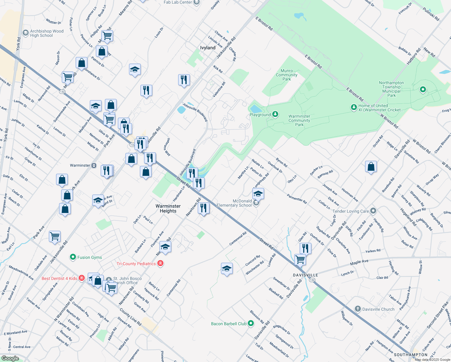 map of restaurants, bars, coffee shops, grocery stores, and more near 710 Newtown Road in Warminster