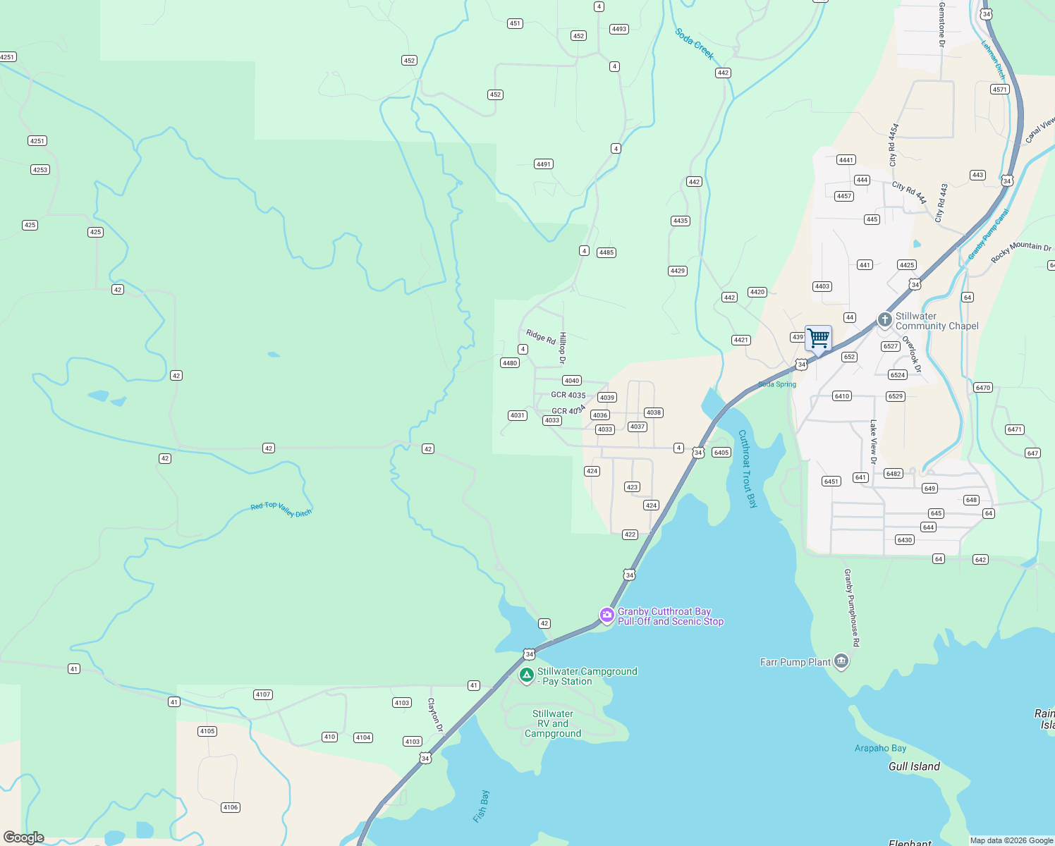 map of restaurants, bars, coffee shops, grocery stores, and more near County Road 4033 in Grand Lake