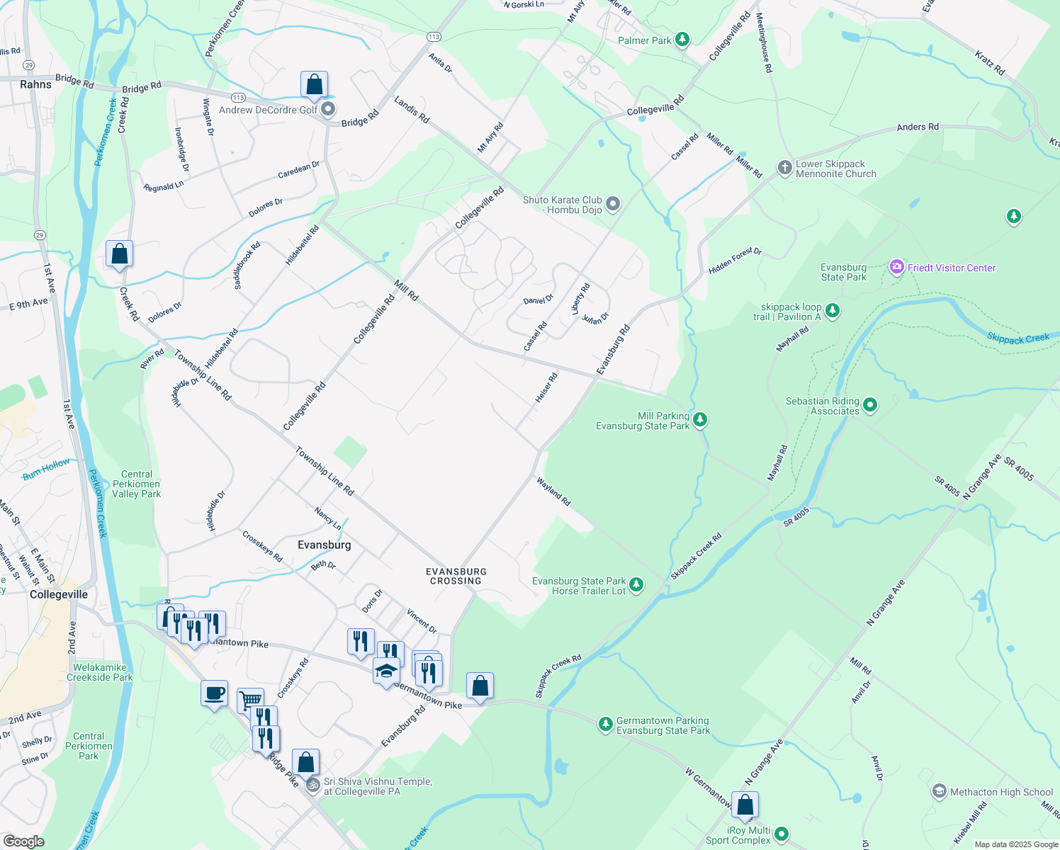 map of restaurants, bars, coffee shops, grocery stores, and more near 524 Heiser Road in Collegeville