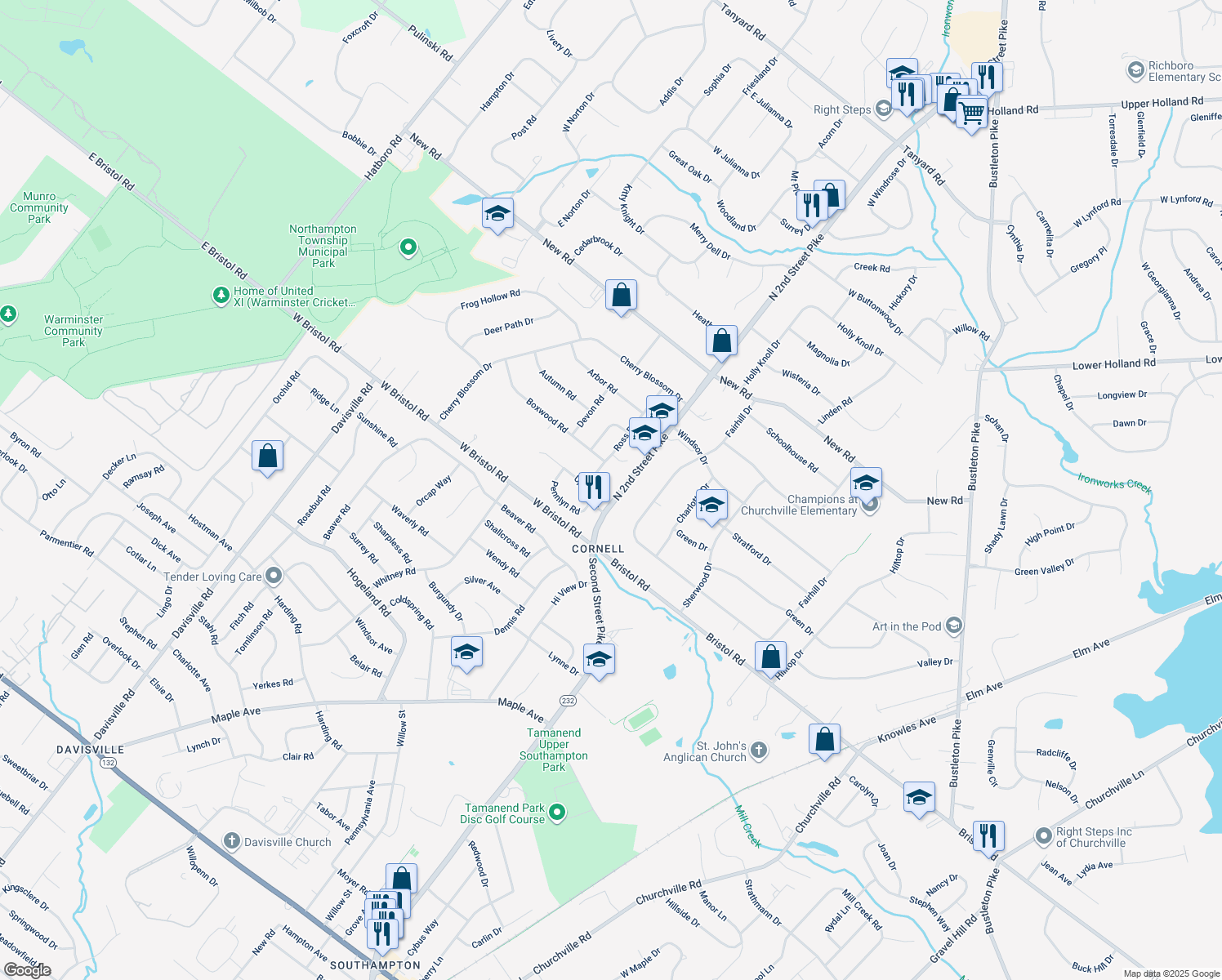 map of restaurants, bars, coffee shops, grocery stores, and more near 66 2nd Street Pike in Churchville