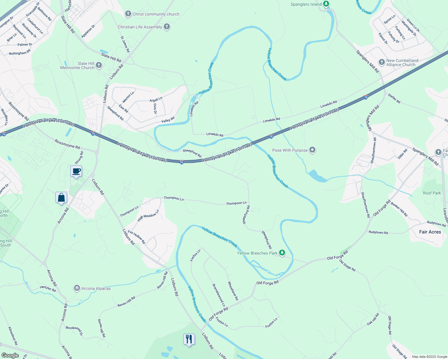map of restaurants, bars, coffee shops, grocery stores, and more near 1820 Sheepford Road in Mechanicsburg