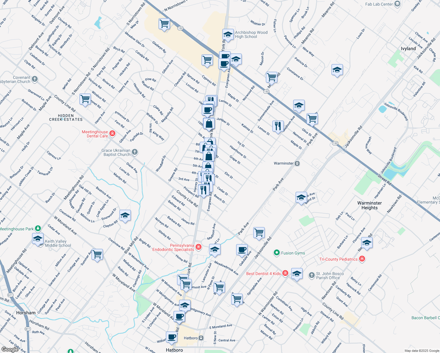 map of restaurants, bars, coffee shops, grocery stores, and more near 395 Date Street in Warminster