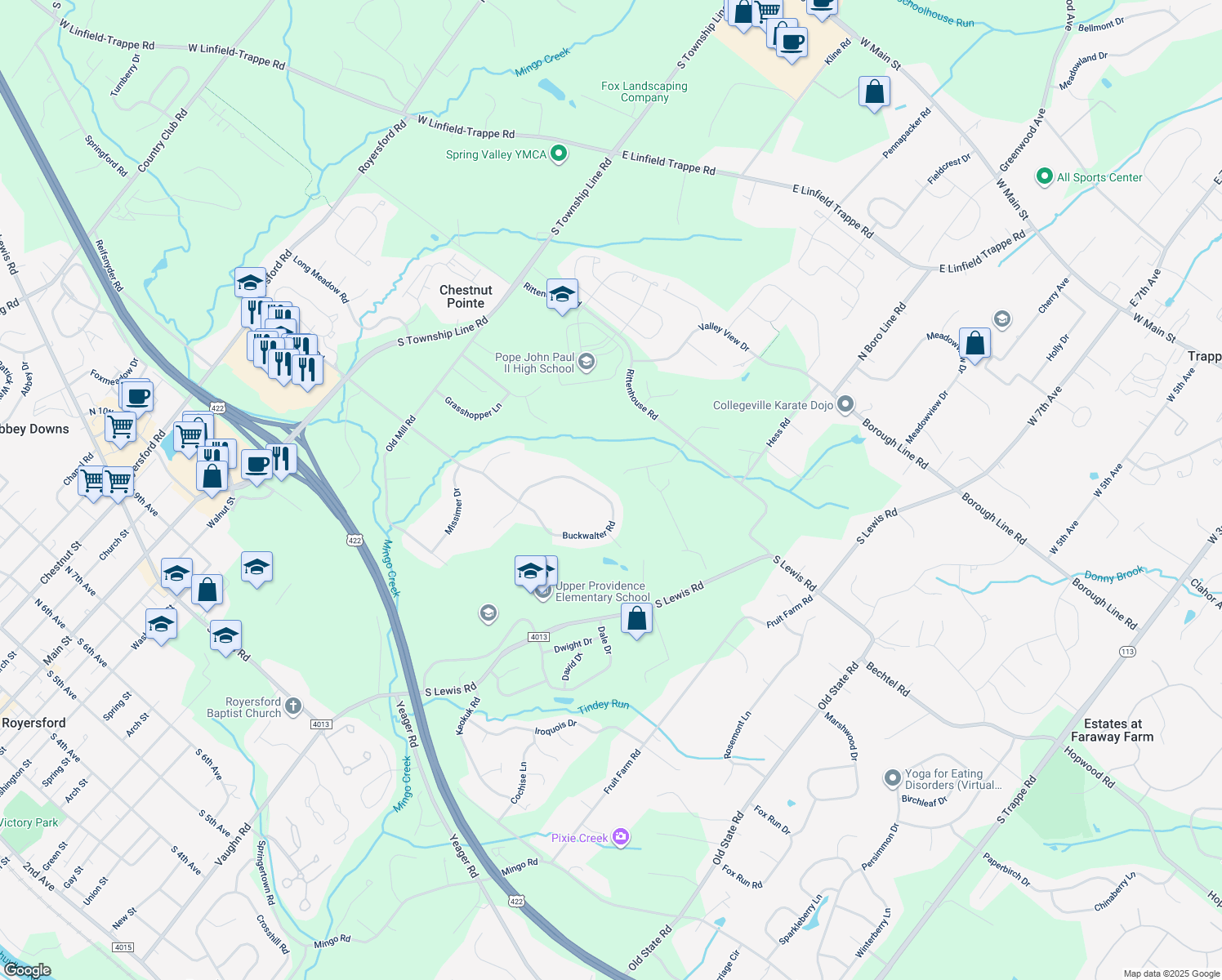 map of restaurants, bars, coffee shops, grocery stores, and more near 149 Buckwalter Road in Royersford