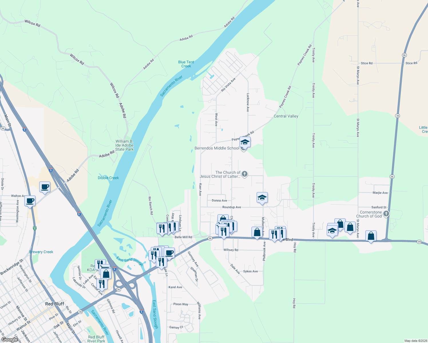 map of restaurants, bars, coffee shops, grocery stores, and more near 440 Berrendos Ave in Red Bluff