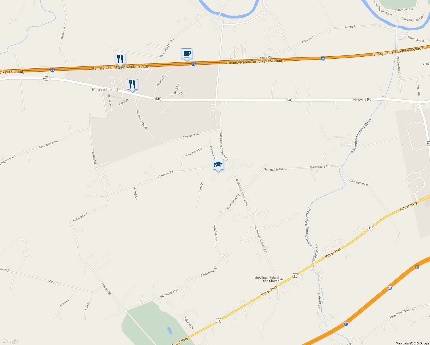 map of restaurants, bars, coffee shops, grocery stores, and more near 146 McAllister Church Road in Carlisle