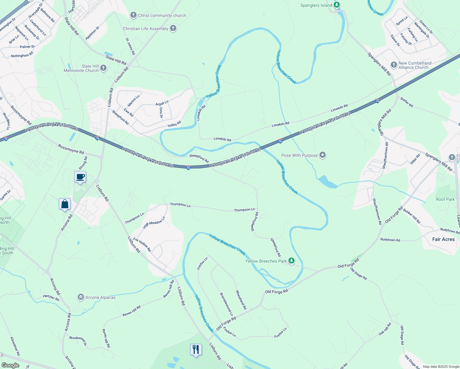 map of restaurants, bars, coffee shops, grocery stores, and more near 1820 Sheepford Road in Mechanicsburg