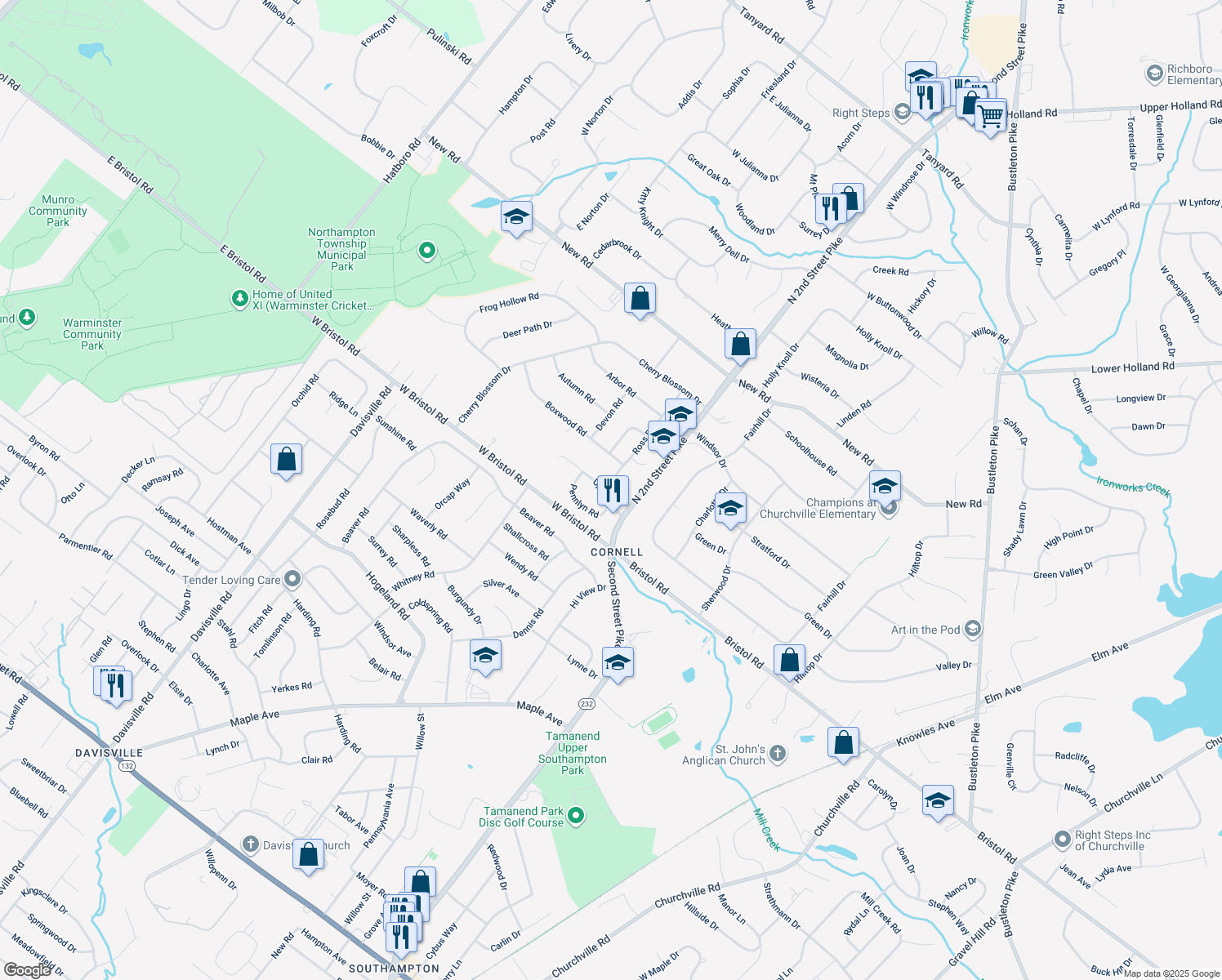 map of restaurants, bars, coffee shops, grocery stores, and more near 35 Upland Drive in Churchville