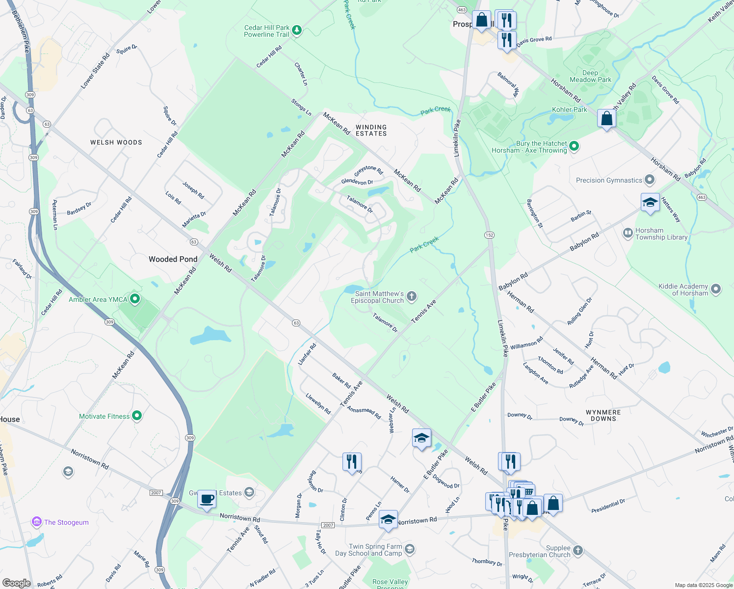 map of restaurants, bars, coffee shops, grocery stores, and more near 644 Woodbrook Drive in Ambler