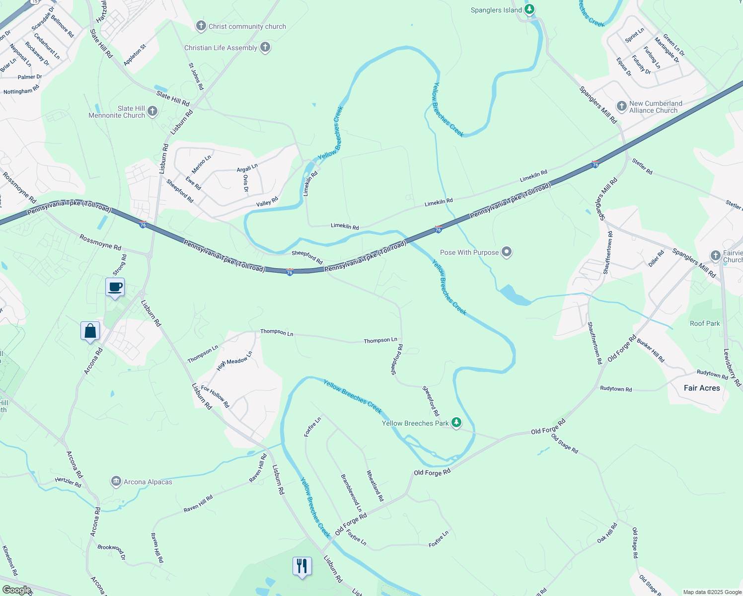 map of restaurants, bars, coffee shops, grocery stores, and more near 1844 Sheepford Road in Mechanicsburg