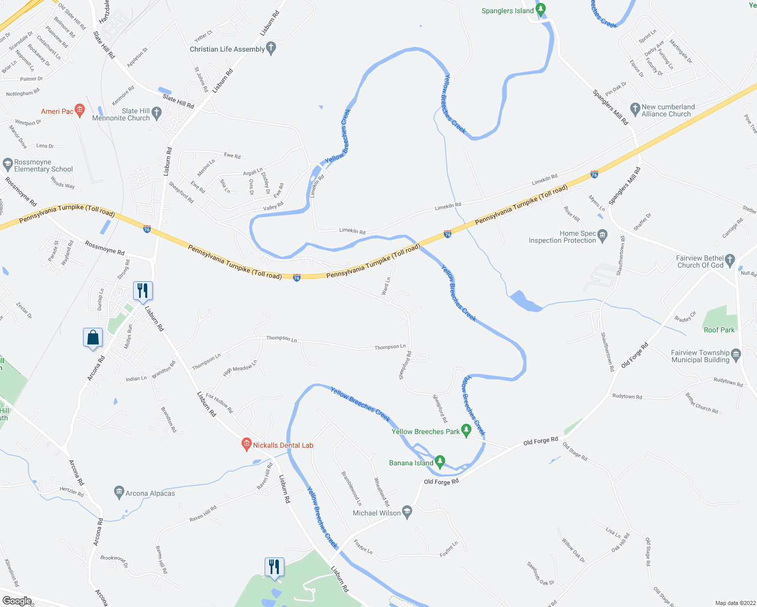 map of restaurants, bars, coffee shops, grocery stores, and more near 1844 Sheepford Road in Mechanicsburg