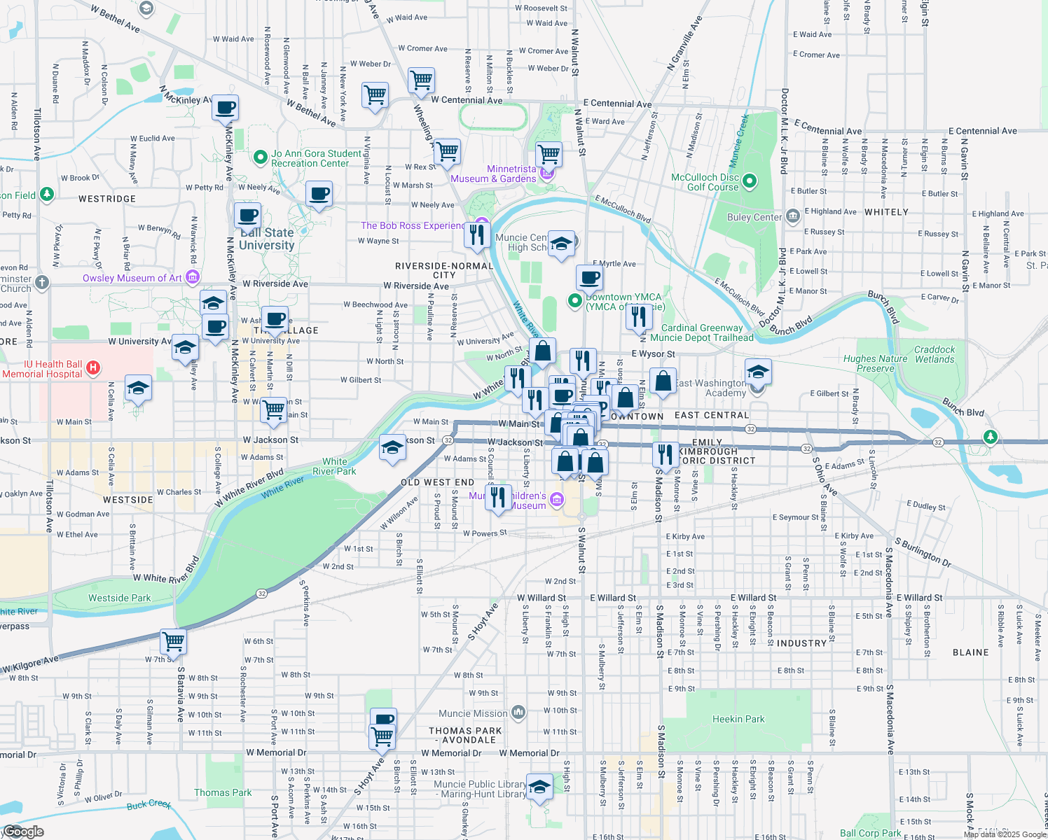map of restaurants, bars, coffee shops, grocery stores, and more near 402 West Main Street in Muncie