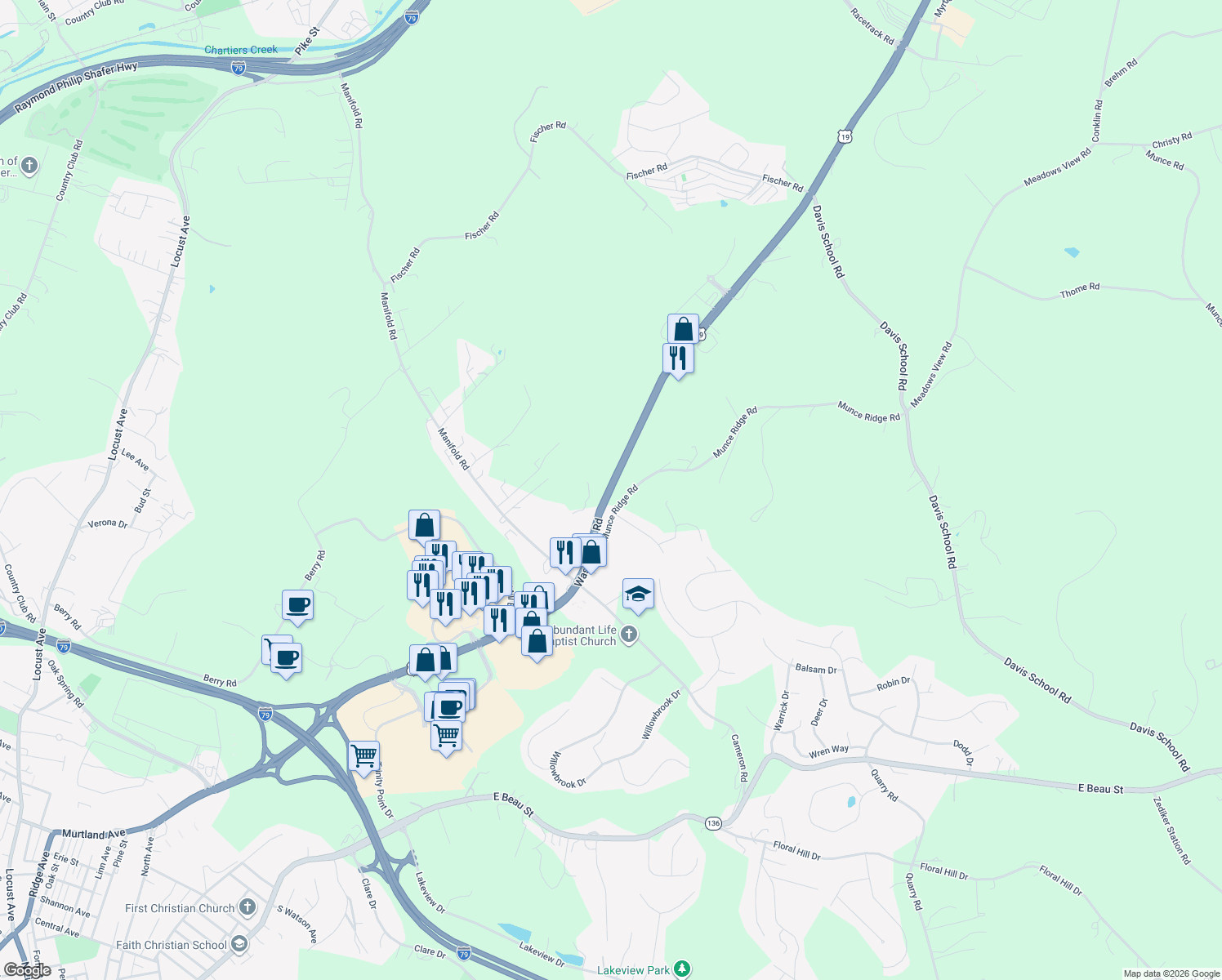 map of restaurants, bars, coffee shops, grocery stores, and more near 920 Washington Road in Washington