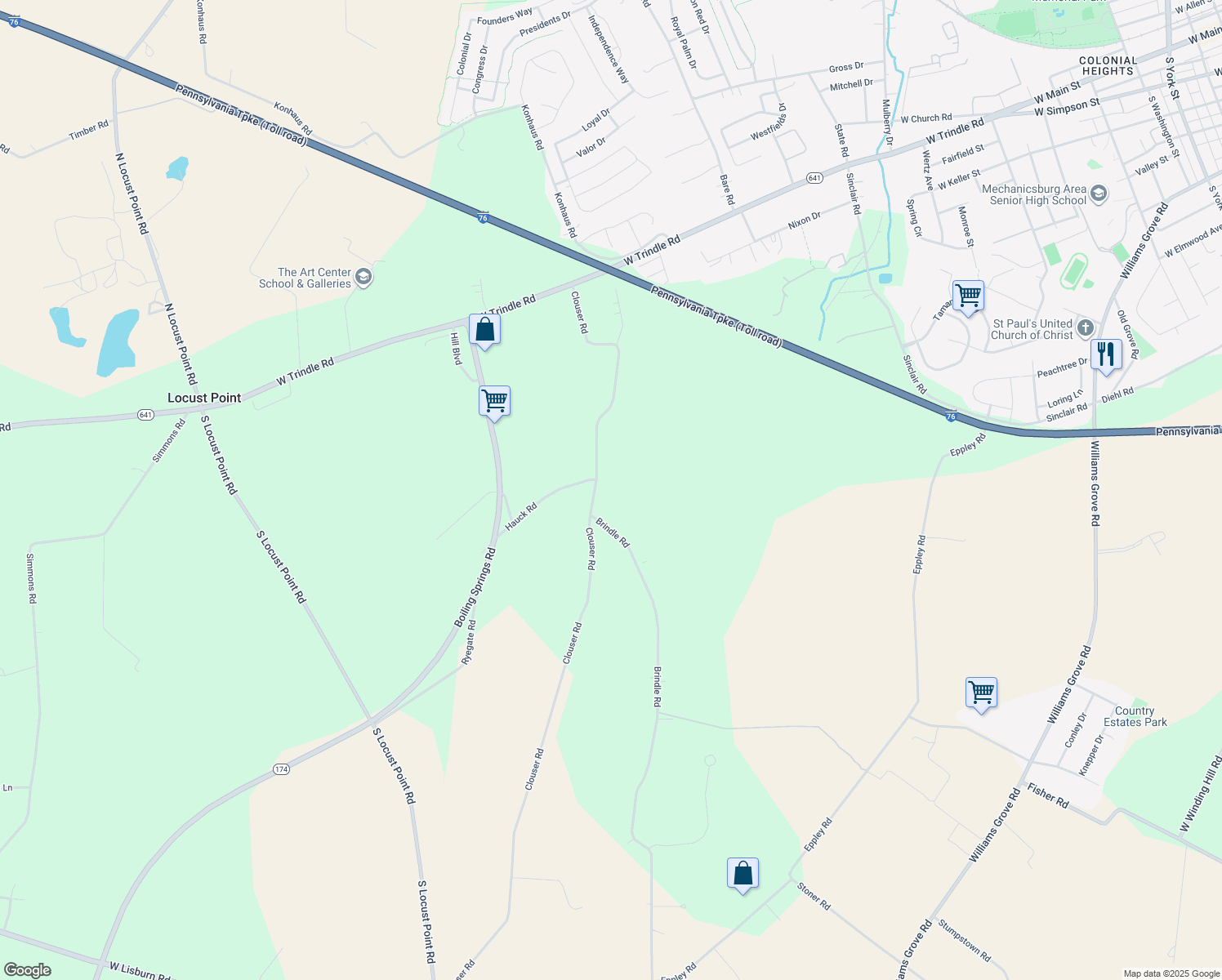 map of restaurants, bars, coffee shops, grocery stores, and more near 79 Clouser Rd in Mechanicsburg