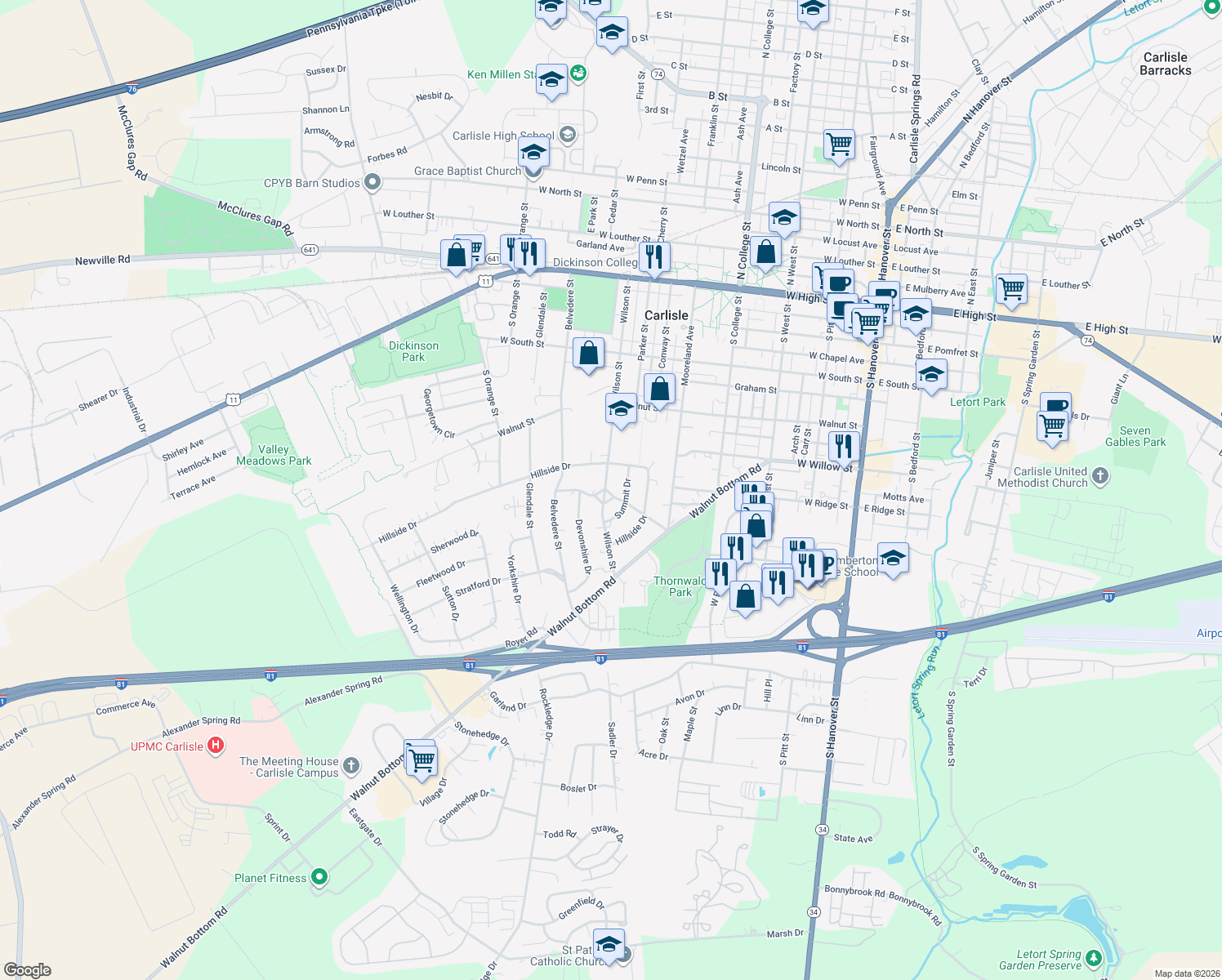 map of restaurants, bars, coffee shops, grocery stores, and more near 551 Wilson St in Carlisle
