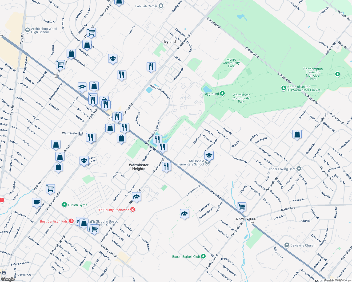 map of restaurants, bars, coffee shops, grocery stores, and more near 700 Sheldon Drive in Warminster