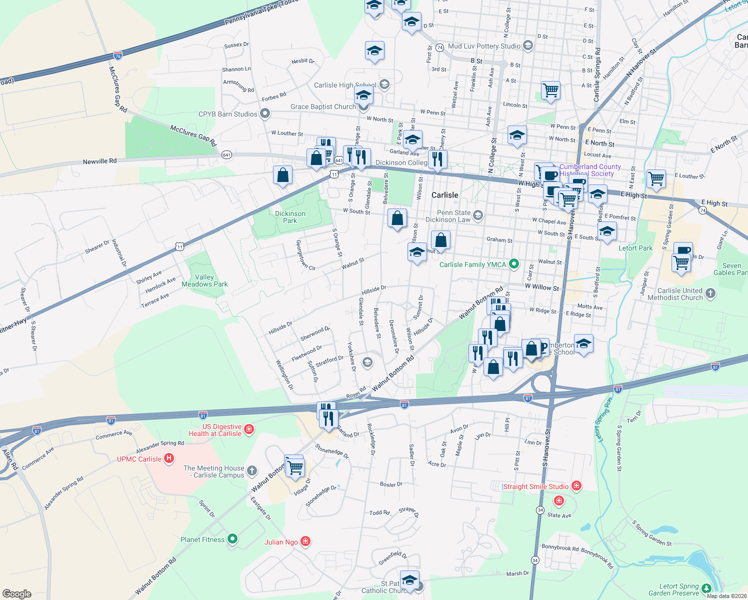 map of restaurants, bars, coffee shops, grocery stores, and more near 504 Belvedere Street in Carlisle