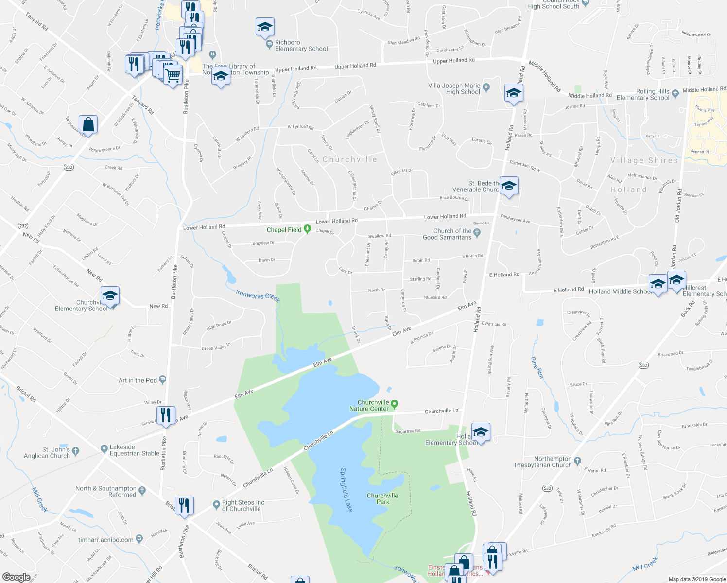 map of restaurants, bars, coffee shops, grocery stores, and more near 72 North Drive in Churchville