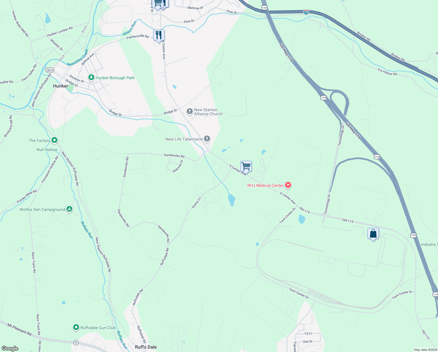 map of restaurants, bars, coffee shops, grocery stores, and more near 109 Ruth Dr in Hunker