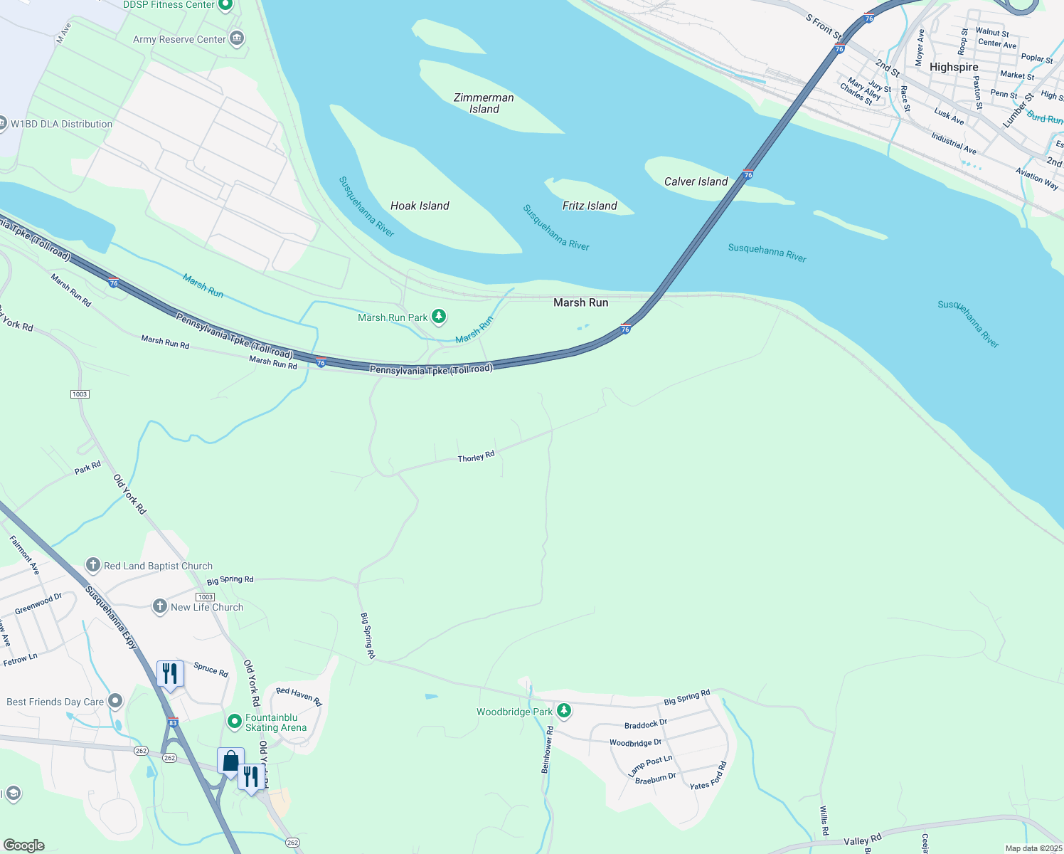 map of restaurants, bars, coffee shops, grocery stores, and more near 304 Thorley Road in New Cumberland
