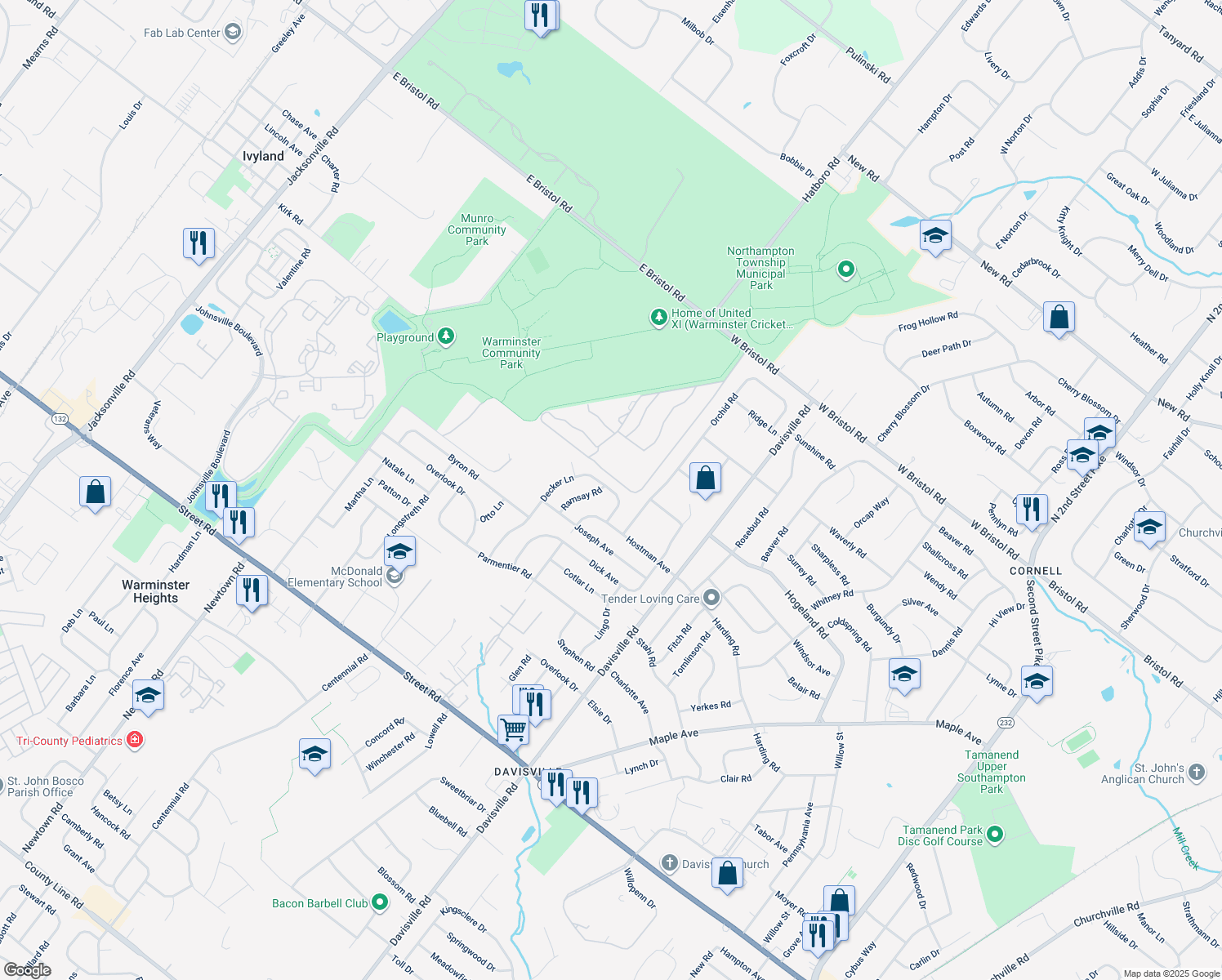 map of restaurants, bars, coffee shops, grocery stores, and more near 1014 Decker Lane in Warminster