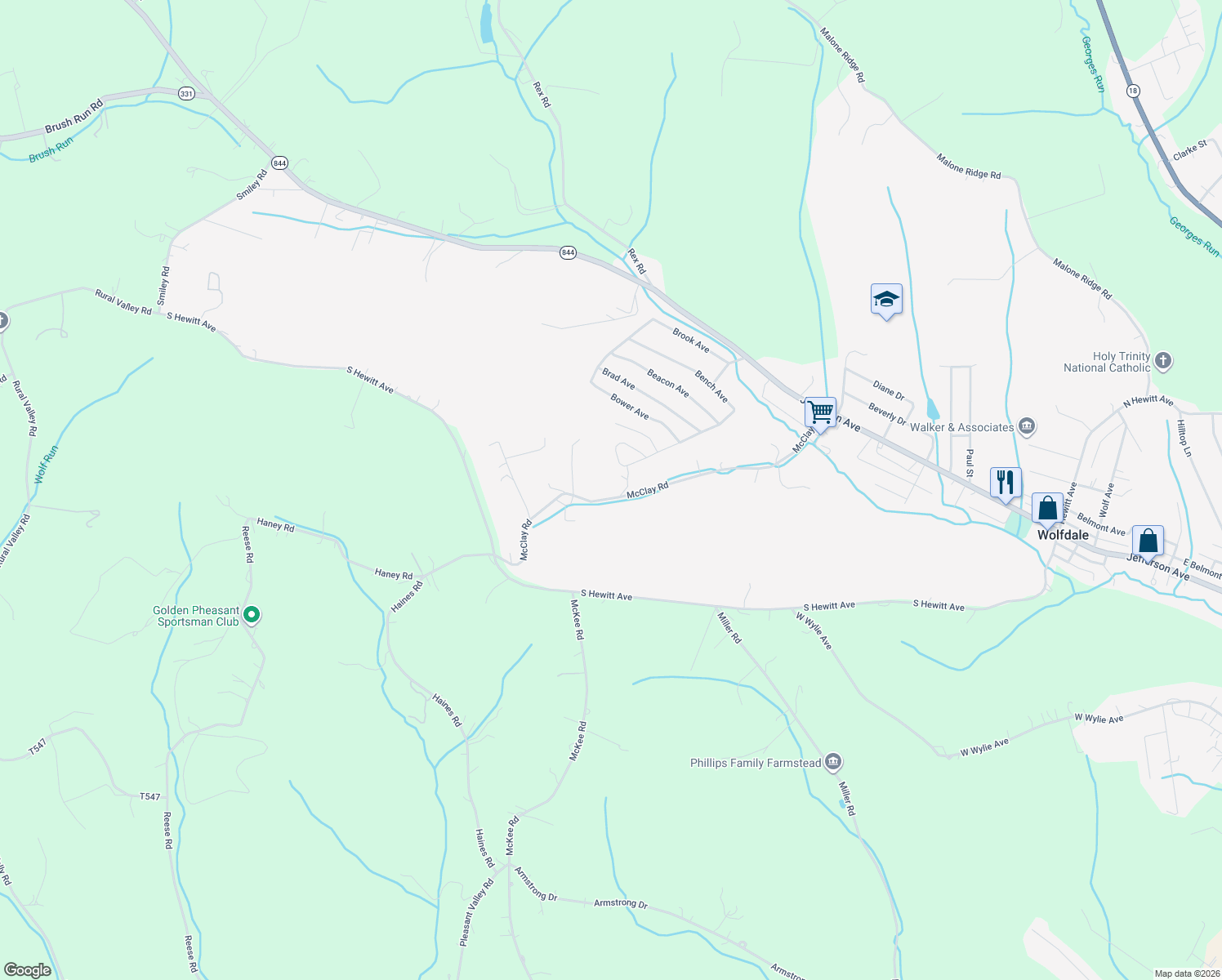 map of restaurants, bars, coffee shops, grocery stores, and more near 195 McClay Road in Washington