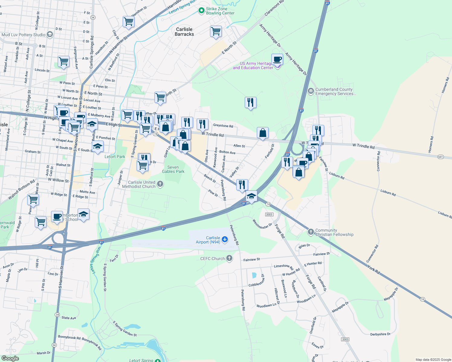 map of restaurants, bars, coffee shops, grocery stores, and more near 230 York Road in Carlisle