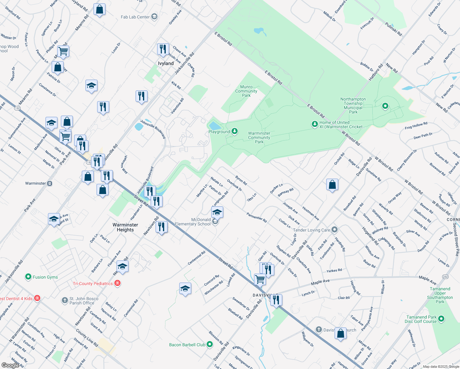 map of restaurants, bars, coffee shops, grocery stores, and more near 896 Longstreth Road in Warminster