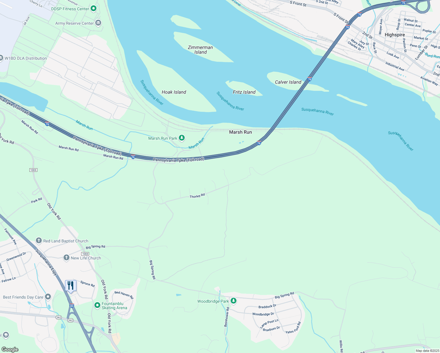 map of restaurants, bars, coffee shops, grocery stores, and more near 325 Thorley Road in New Cumberland