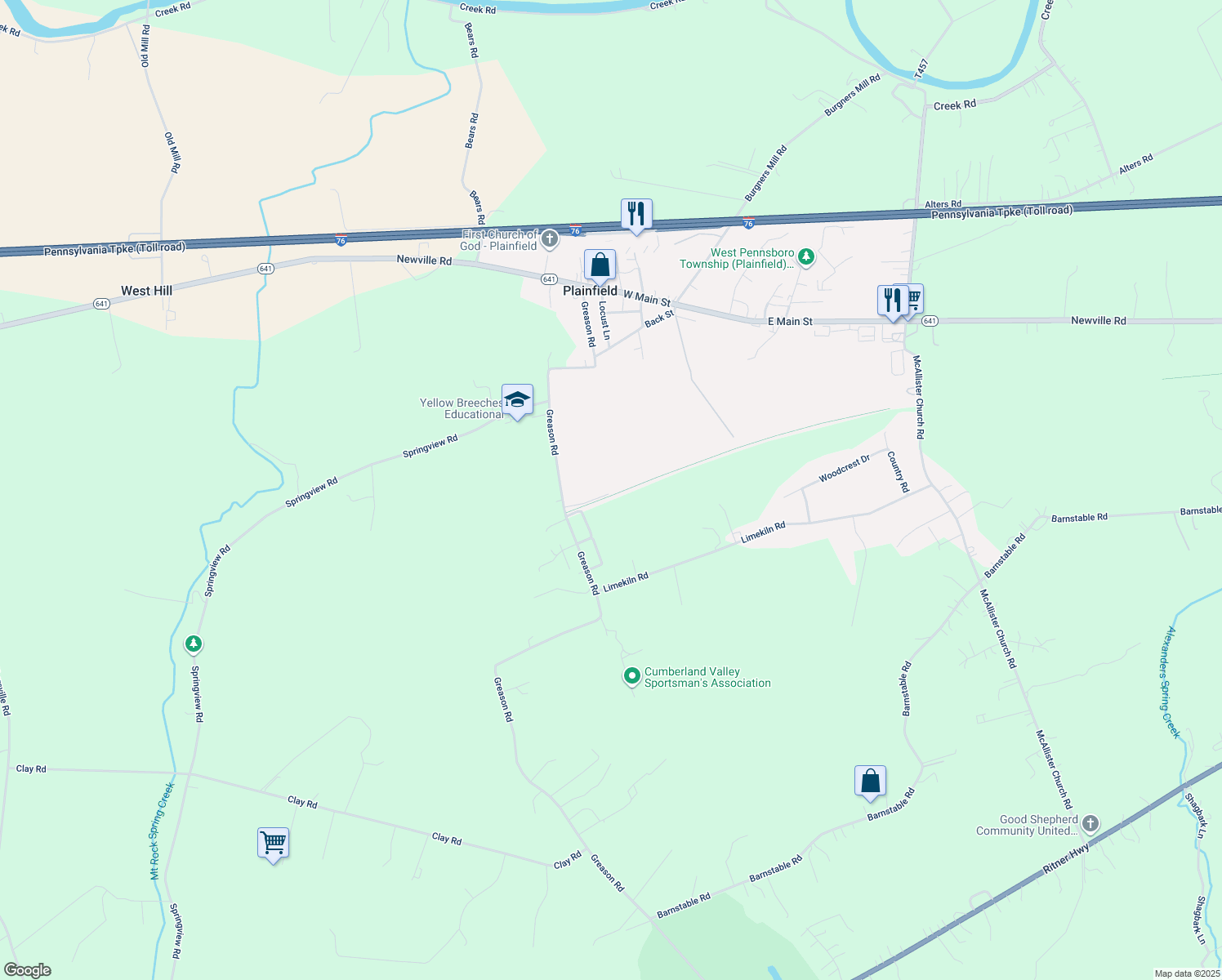 map of restaurants, bars, coffee shops, grocery stores, and more near 297 Greason Rd in Carlisle