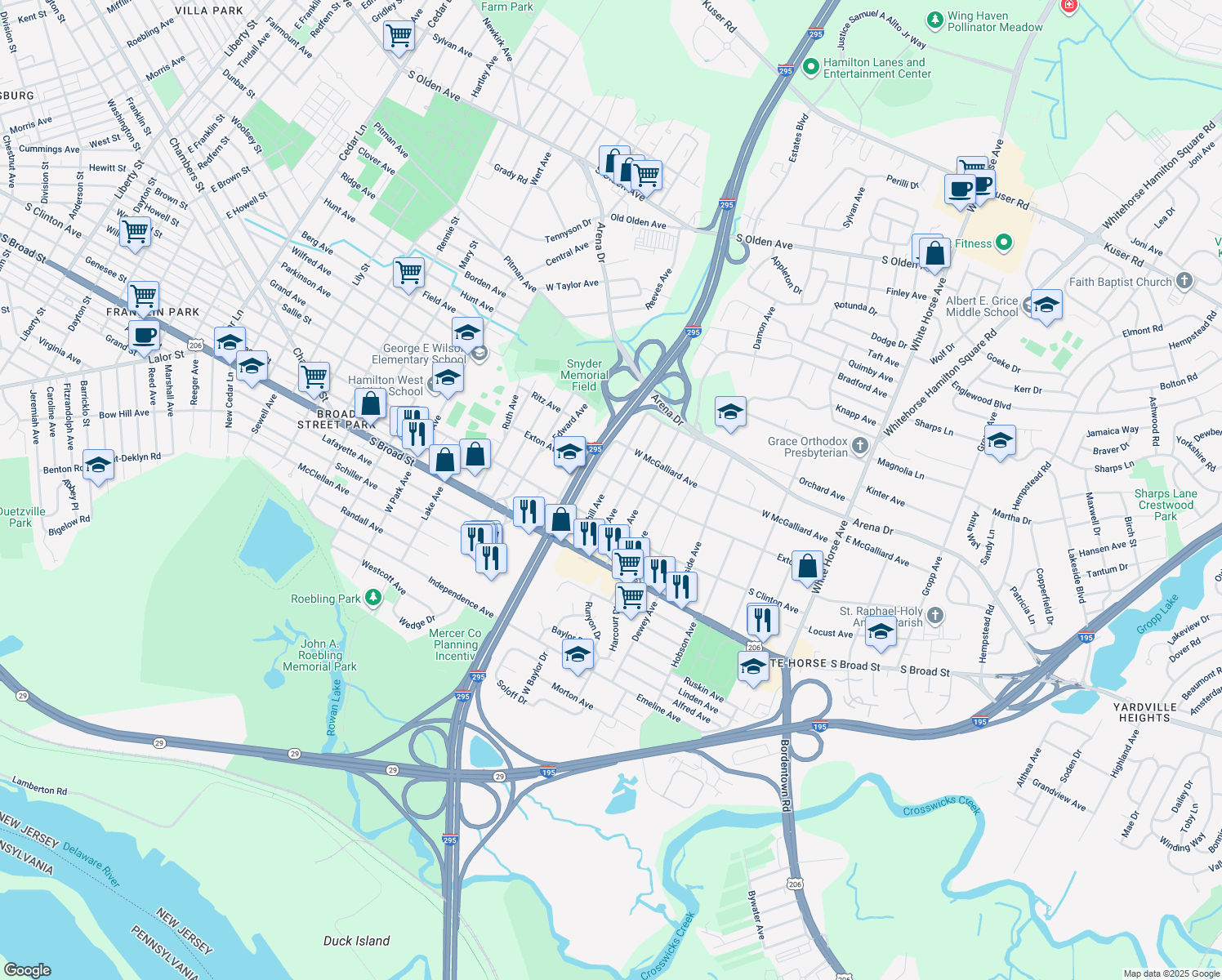 map of restaurants, bars, coffee shops, grocery stores, and more near 158 Churchill Avenue in Trenton