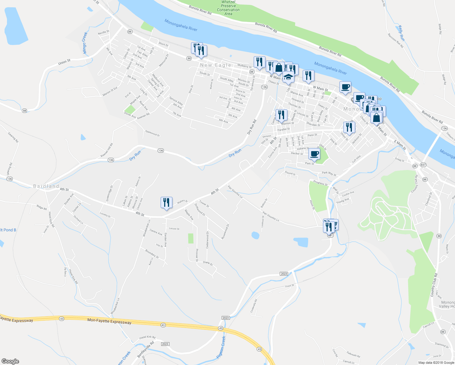 map of restaurants, bars, coffee shops, grocery stores, and more near 1422 4th Street in Monongahela