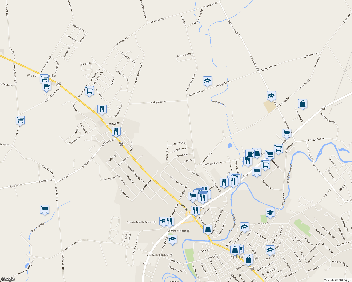 map of restaurants, bars, coffee shops, grocery stores, and more near 40 Weaver Avenue in Ephrata