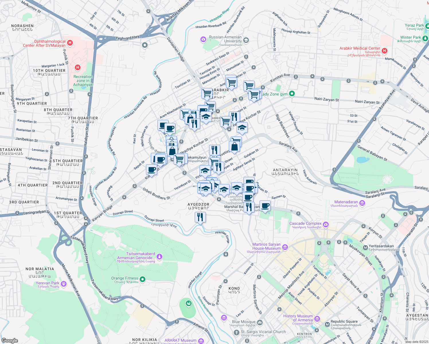 map of restaurants, bars, coffee shops, grocery stores, and more near 19 Gulbenkian Street in Yerevan