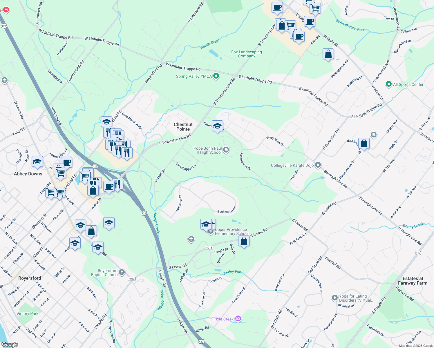 map of restaurants, bars, coffee shops, grocery stores, and more near 5 Dorothy Cir in Royersford