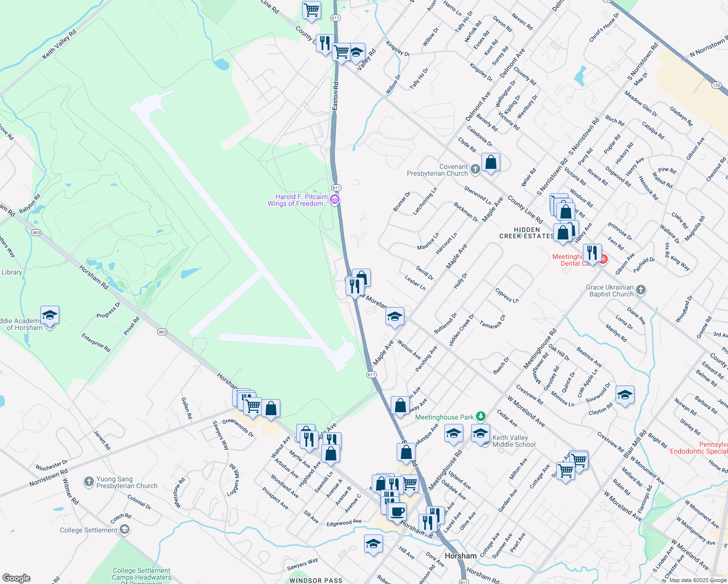 map of restaurants, bars, coffee shops, grocery stores, and more near 536 West Moreland Avenue in Horsham