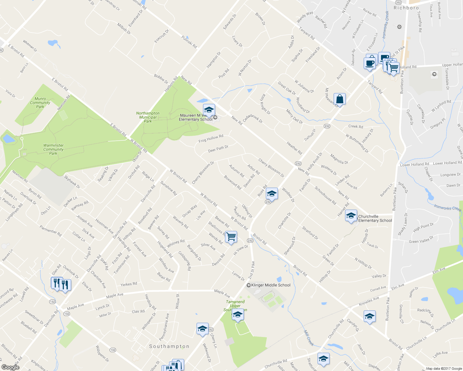 map of restaurants, bars, coffee shops, grocery stores, and more near 92 Boxwood Road in Churchville