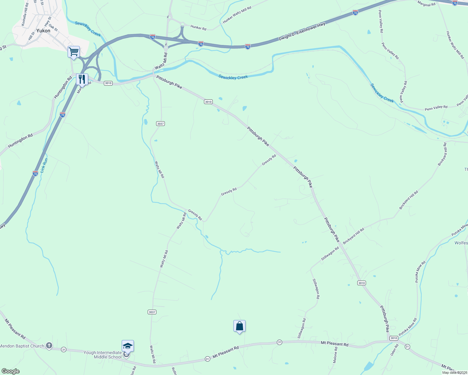 map of restaurants, bars, coffee shops, grocery stores, and more near 203 Gressly Road in Ruffs Dale