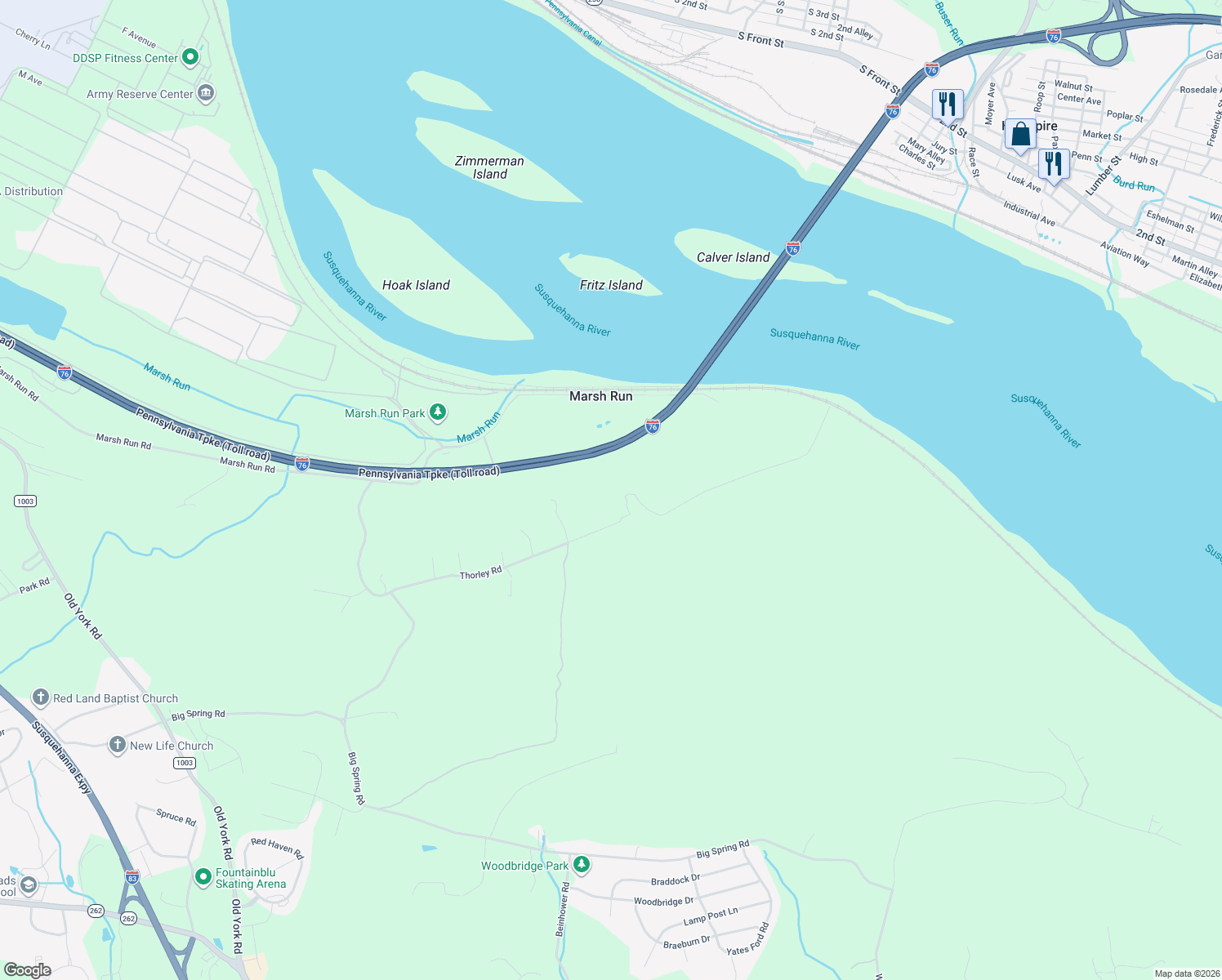 map of restaurants, bars, coffee shops, grocery stores, and more near 297 Thorley Road in New Cumberland