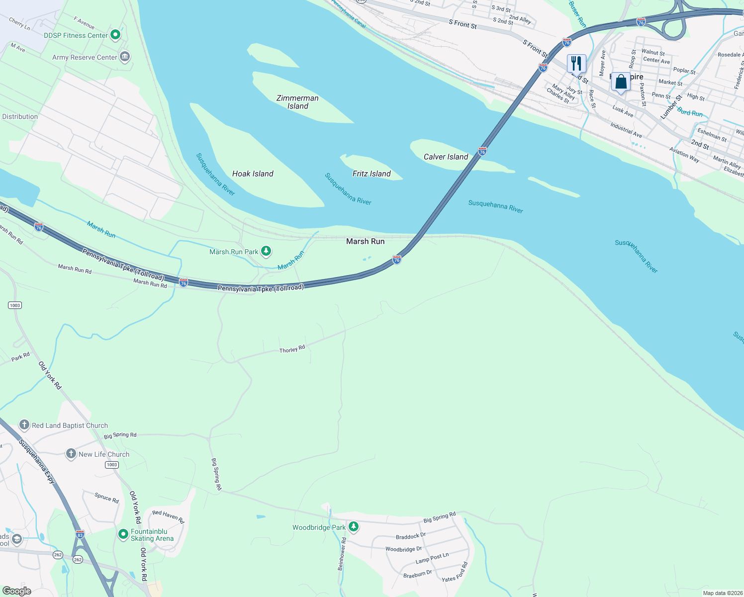 map of restaurants, bars, coffee shops, grocery stores, and more near 297 Thorley Road in New Cumberland