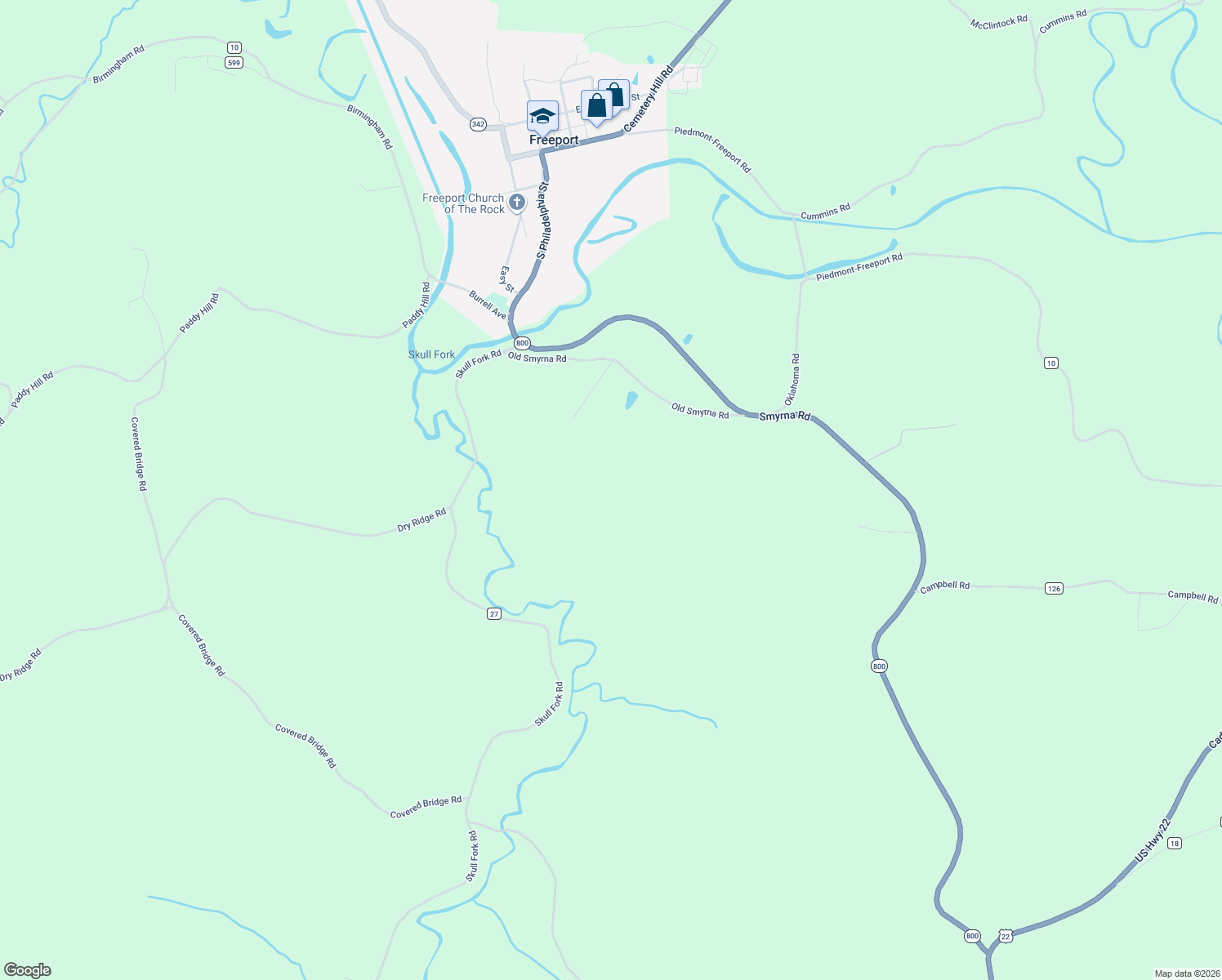 map of restaurants, bars, coffee shops, grocery stores, and more near 30053 Old Smyrna Road in Freeport
