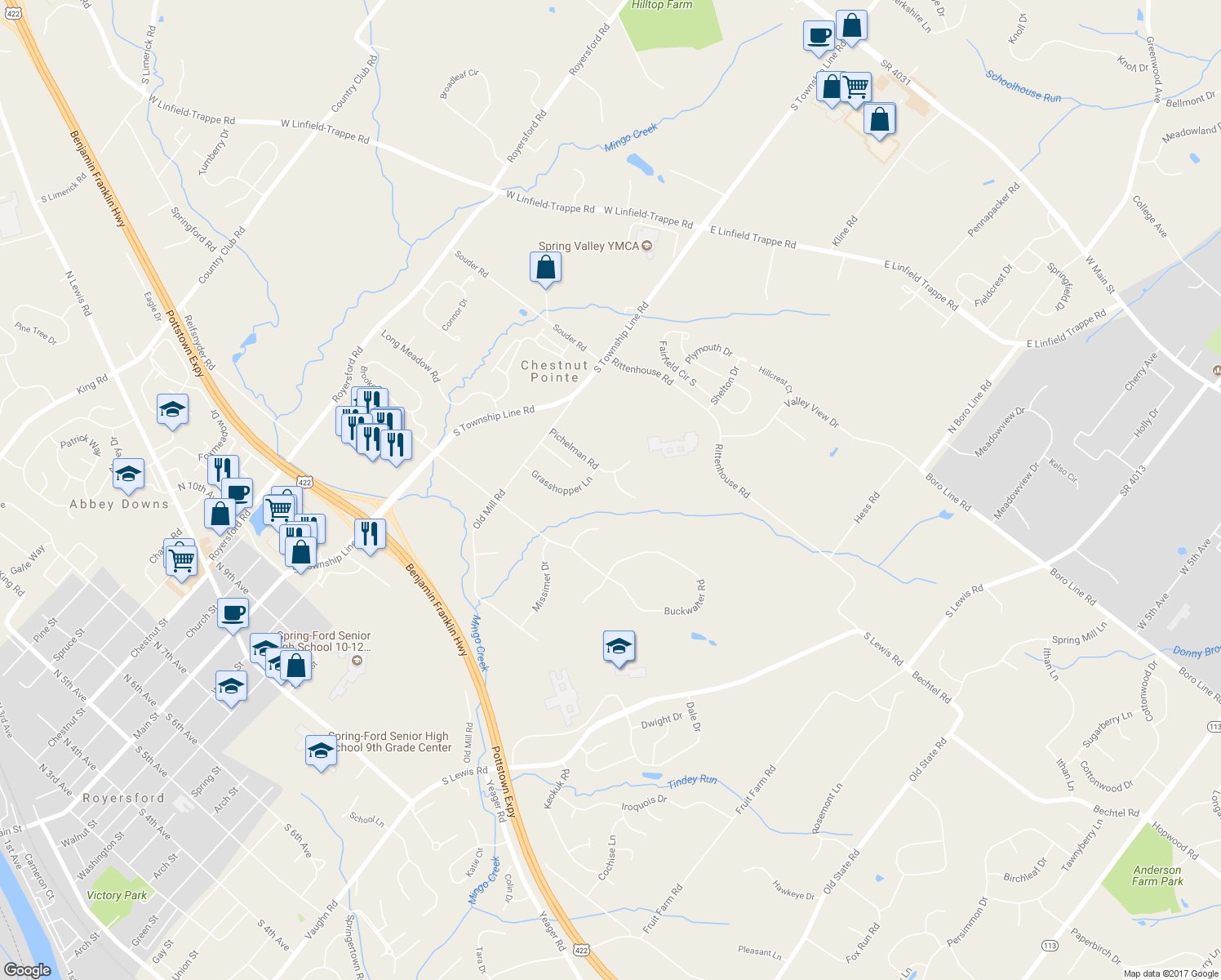 map of restaurants, bars, coffee shops, grocery stores, and more near 2 Dorothy Circle in Royersford