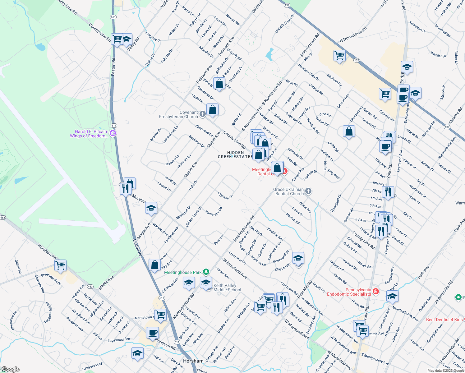 map of restaurants, bars, coffee shops, grocery stores, and more near 308 Hemlock Dr in Hatboro