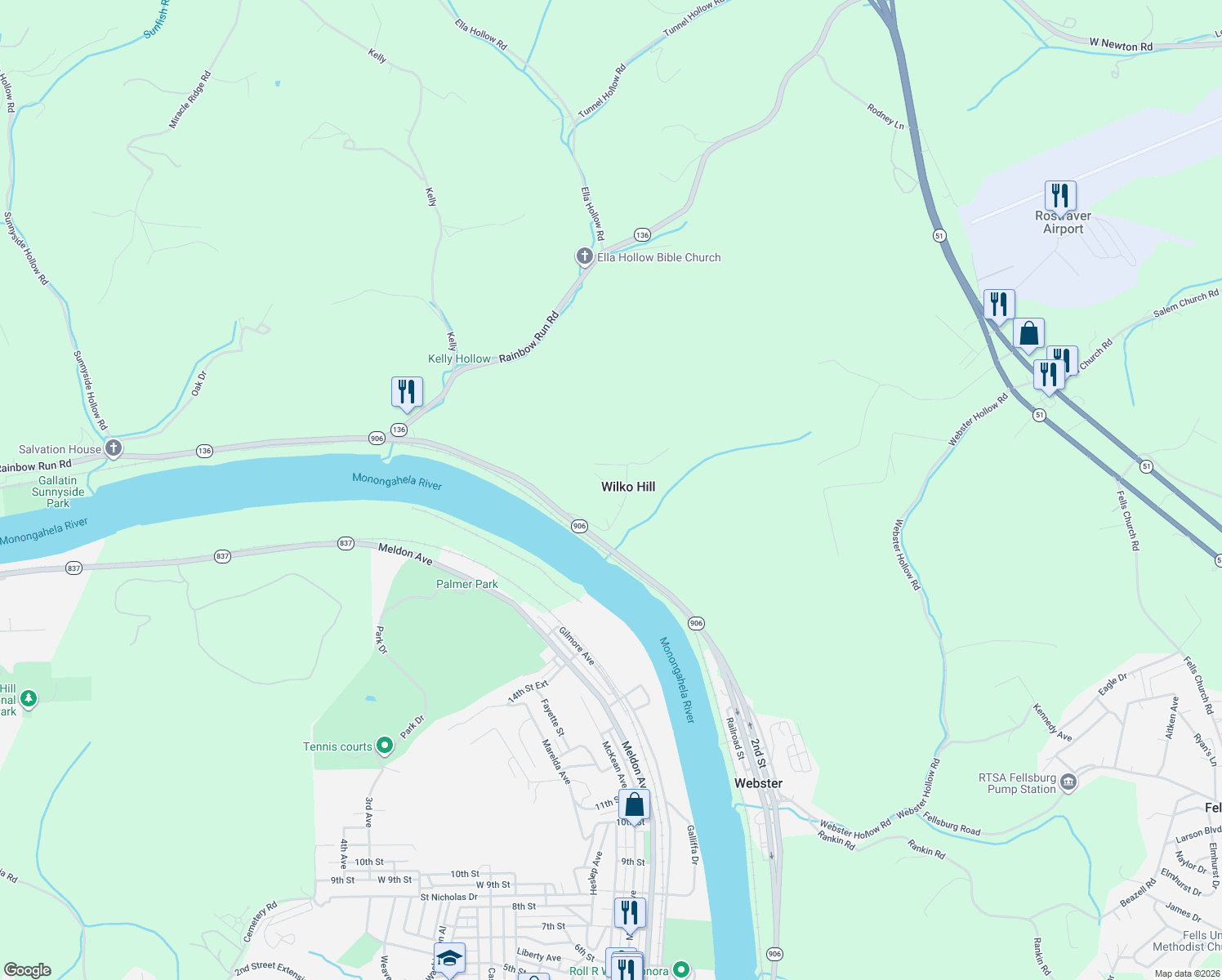 map of restaurants, bars, coffee shops, grocery stores, and more near 1211 Wilko Street in Monessen