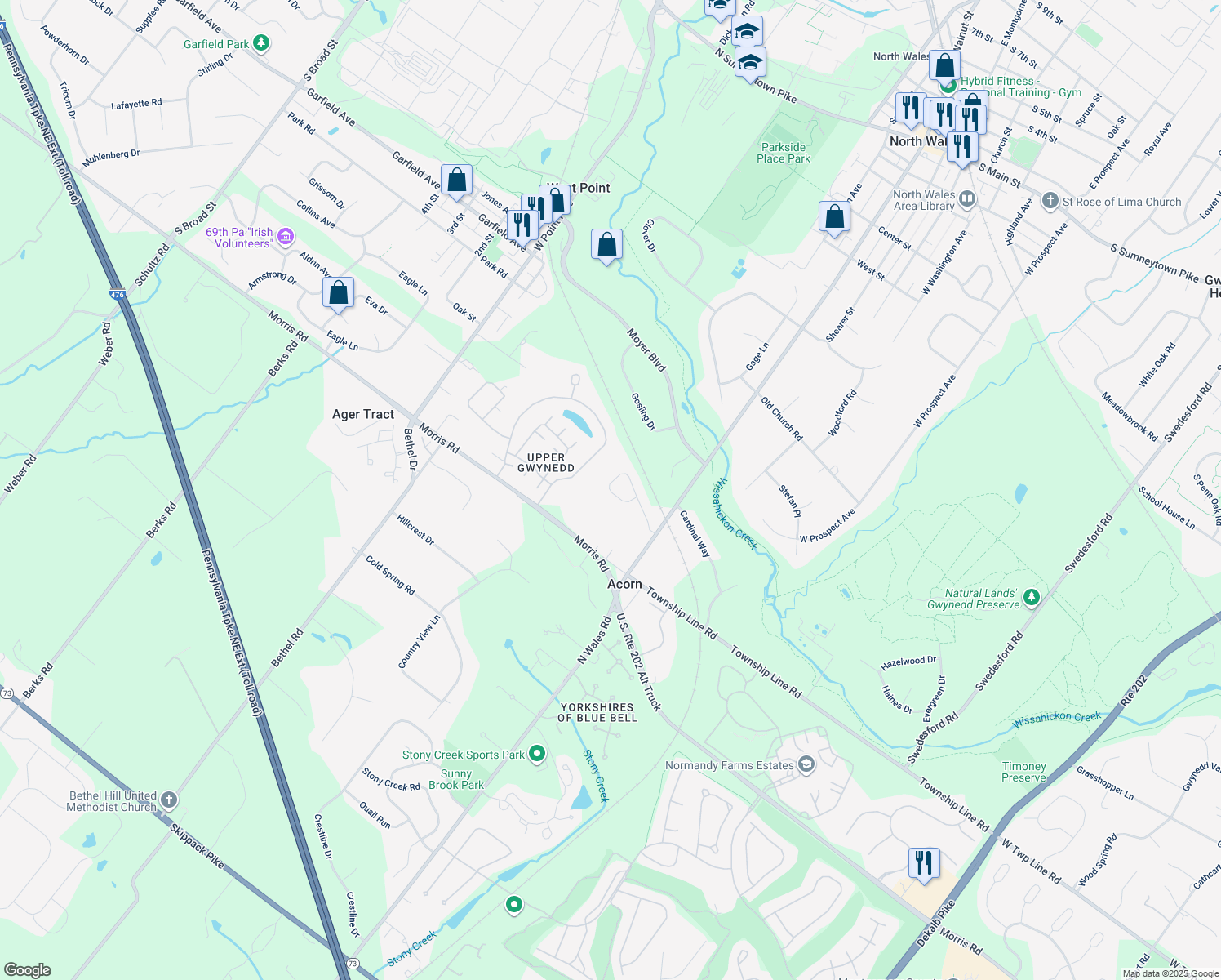 map of restaurants, bars, coffee shops, grocery stores, and more near 267 Acorn Ln in North Wales